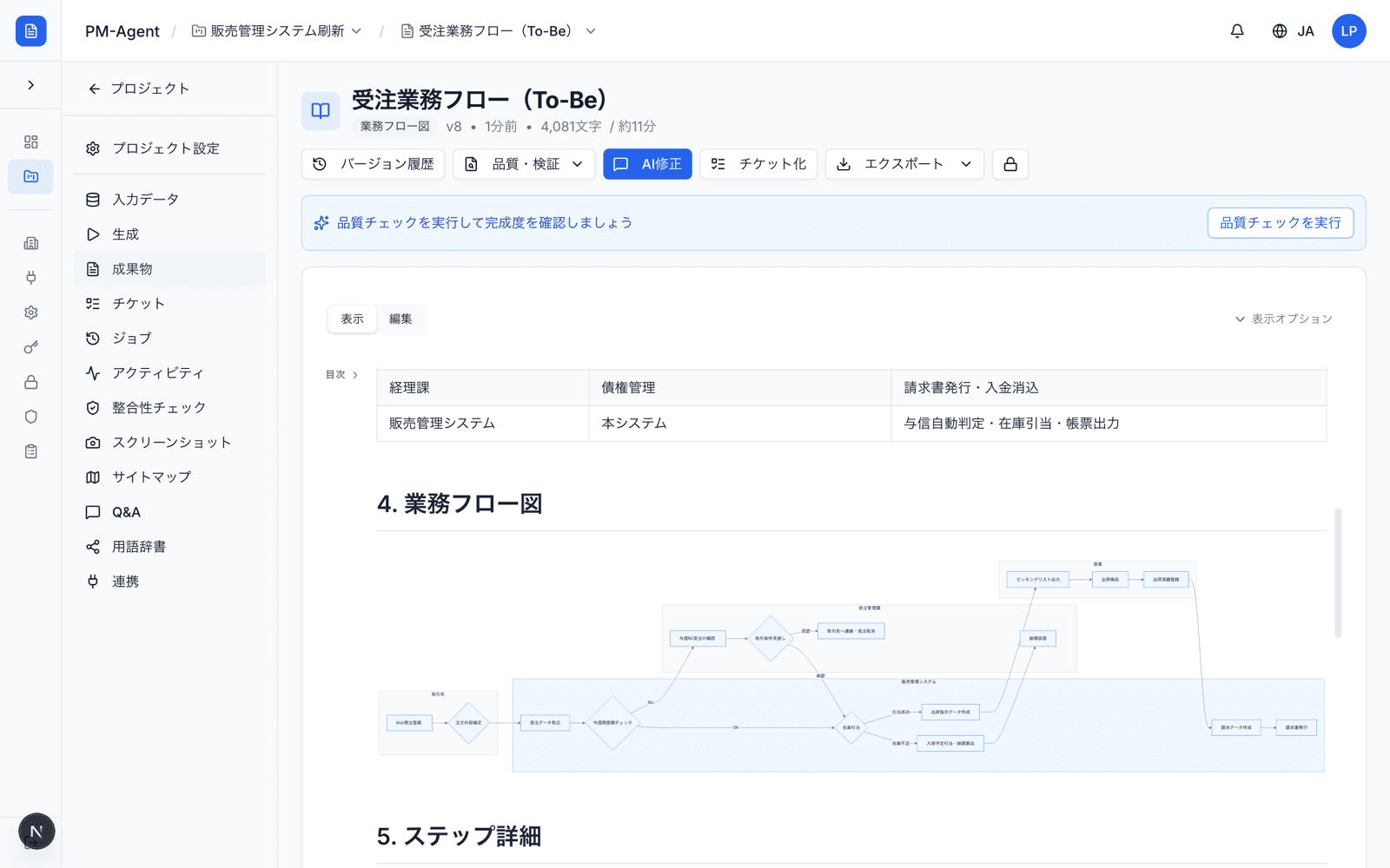 実際の画面: ヒアリングメモから生成された業務フロー図。バージョン管理・品質チェック・draw.ioエクスポート付き。